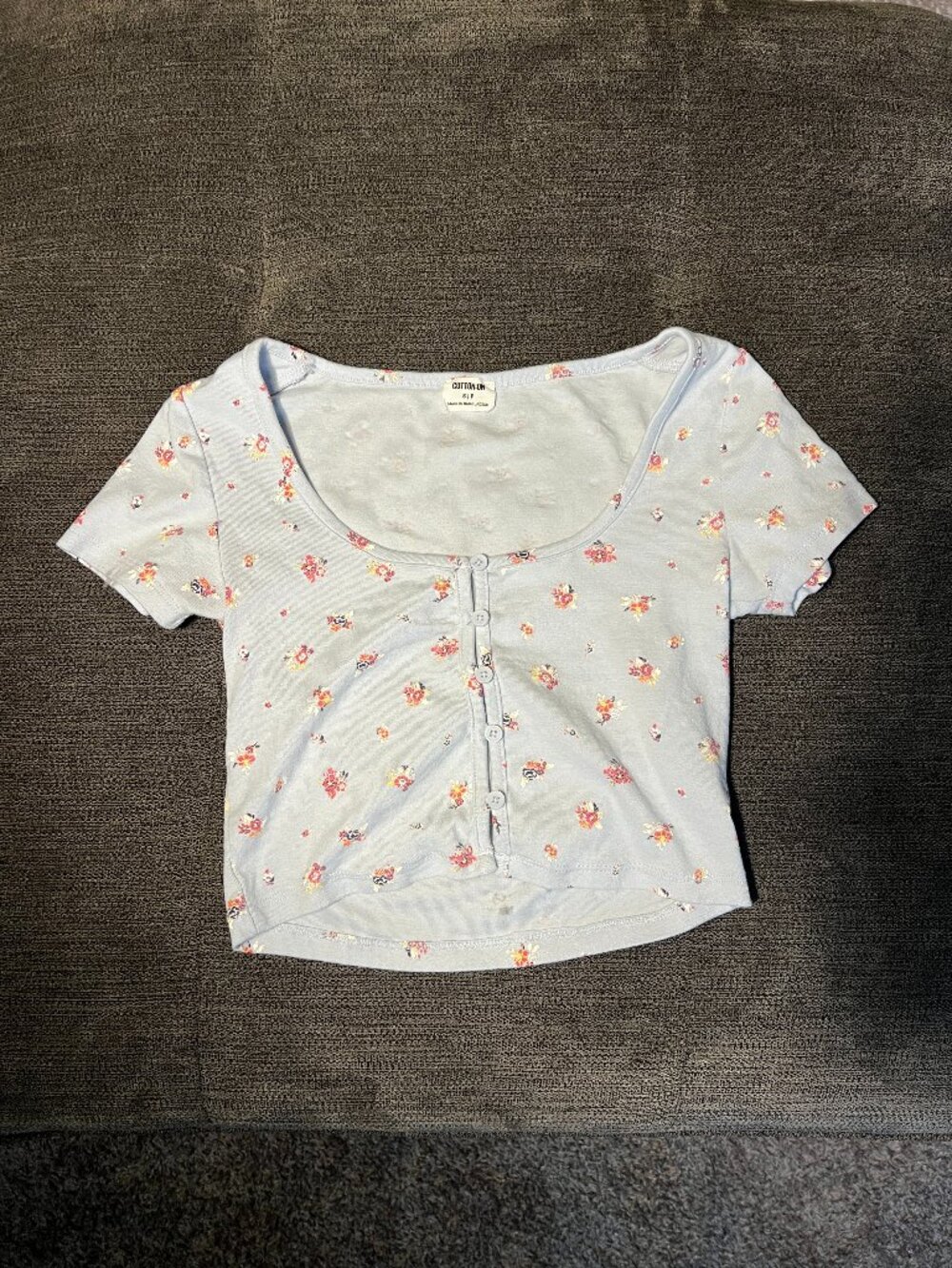 Cotton On light blue floral front button scoop neck crop top